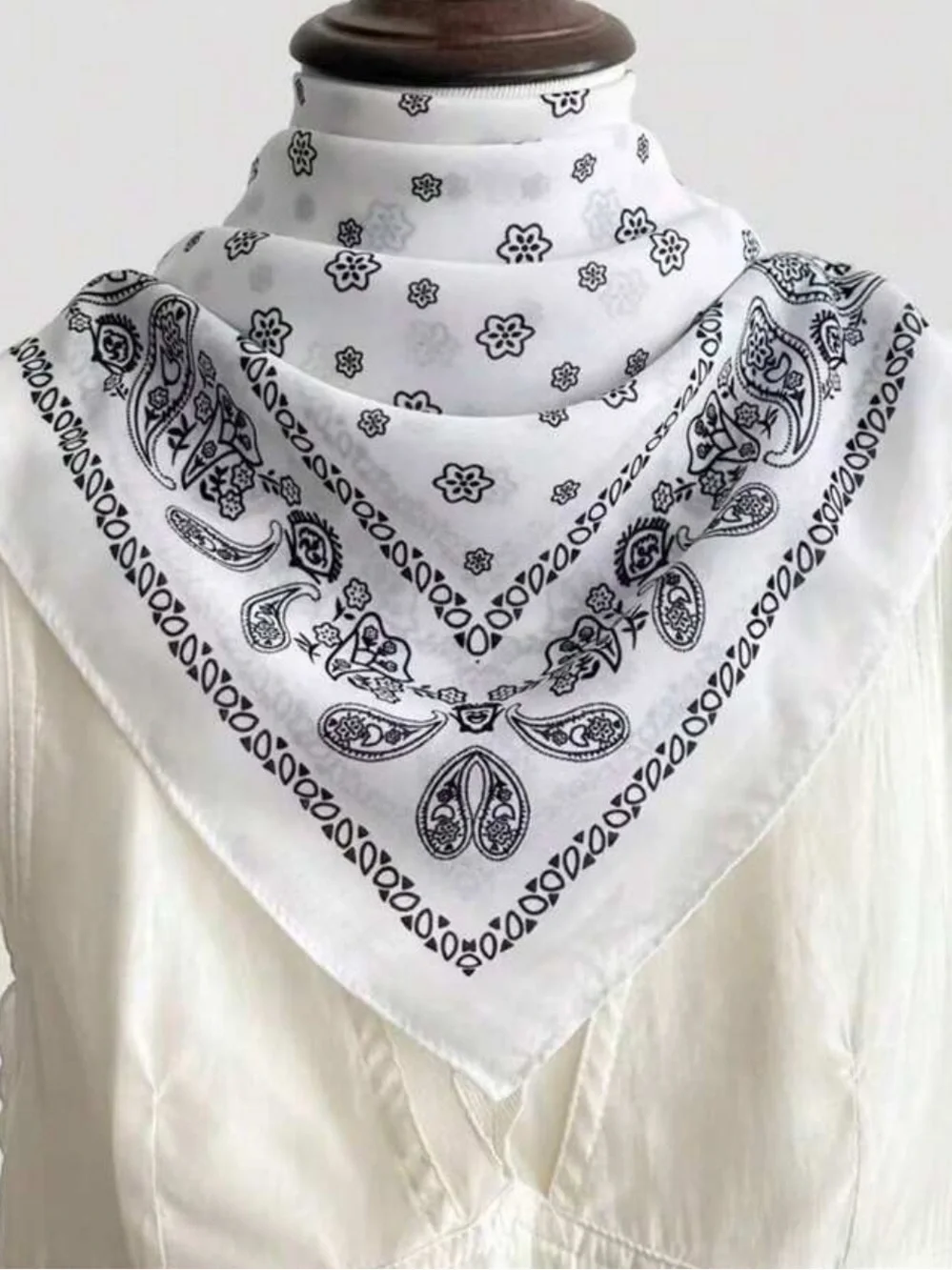 White Bandana Scarf with Black Paisley Print 27.5”